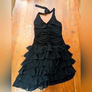 Cache cocktail semi-formal ruched halter top dress, asymmetrical ruffles size 10